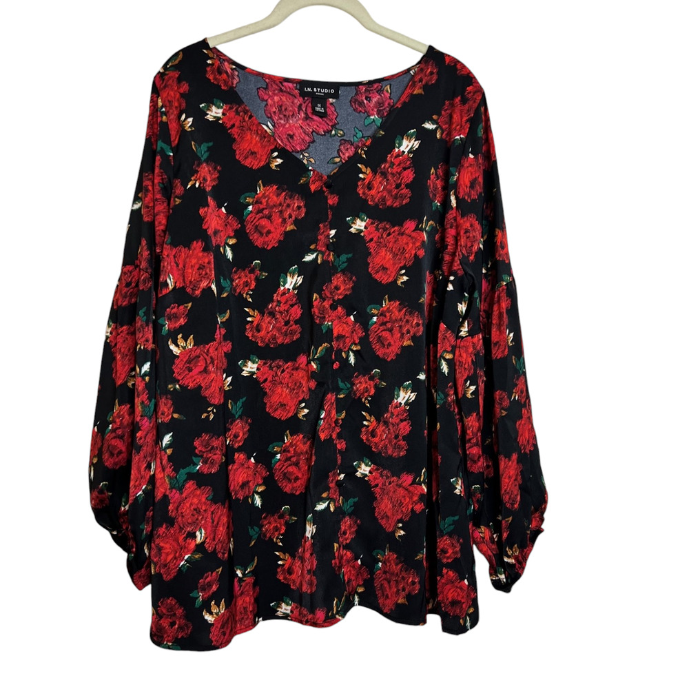 IN Studio Womens Blouse 1X Black Red Dark Floral Balloon Sleeves Chiffon V-Neck